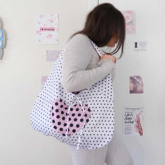 Polka Dot Tote Bag With Pink Heart Detail - Picture 3 of 6